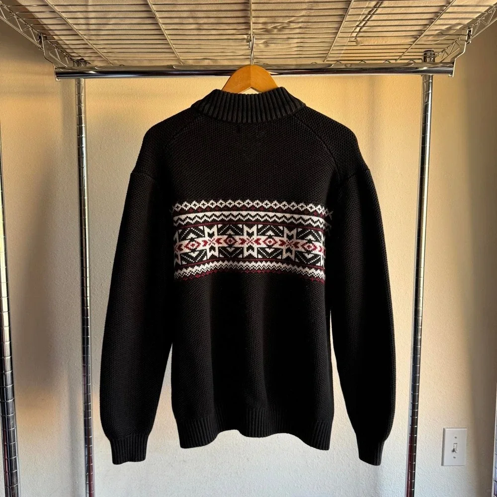 Izod Mens Fair Isle Knit Quarter Zip Sweater Black Nordic Pattern XXL fits XL